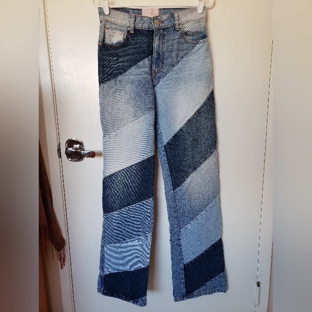 Revice Denim Womens 90's Baby Diagonal Patchwork Panel Blue Jeans 27